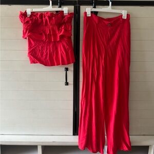 Sienna Sky Vibrant Red strapless top and Wide Leg Pant set